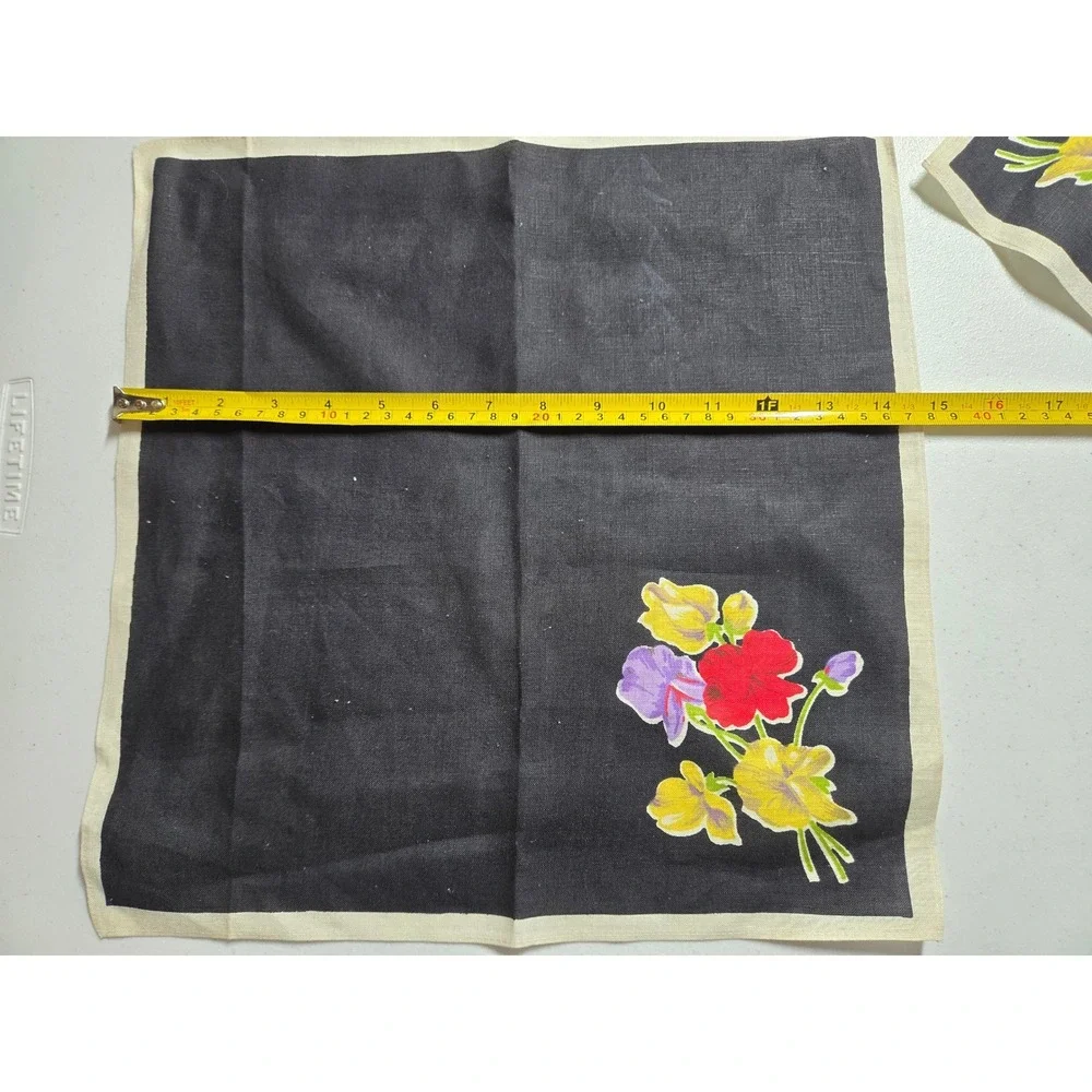 VINTAGE Cloth Napkin Set of 4 Black Floral Print LINEN MCM 15